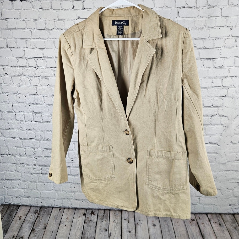 Denim & Co Womens Large Tan Cotton Canvas Blazer Jacket Khaki Two Button Lined
